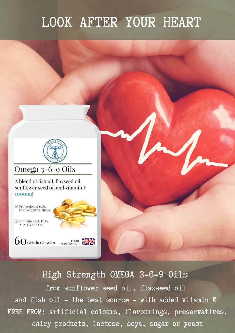 Omega 3-6-9 - MAX Strength 1000mg - Healthy Heart & Cholesterol Formula - Sunflower Seed, Flaxseed and Fish Oil with VIT E - 60 Capsules