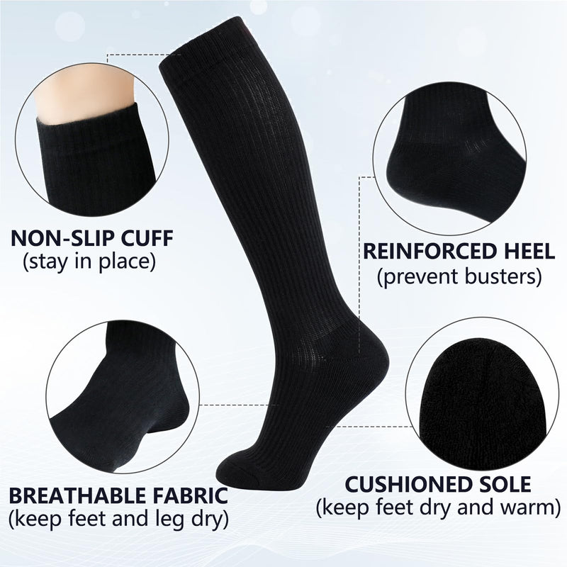 +MD Cotton Compression Socks for Women and Men 4/6 Pairs 8-15/15-20 mmHg Knee High Socks for Sports Travel Nurse Edema 4 Pairs Black Cushion 15-20mmhg 10-13