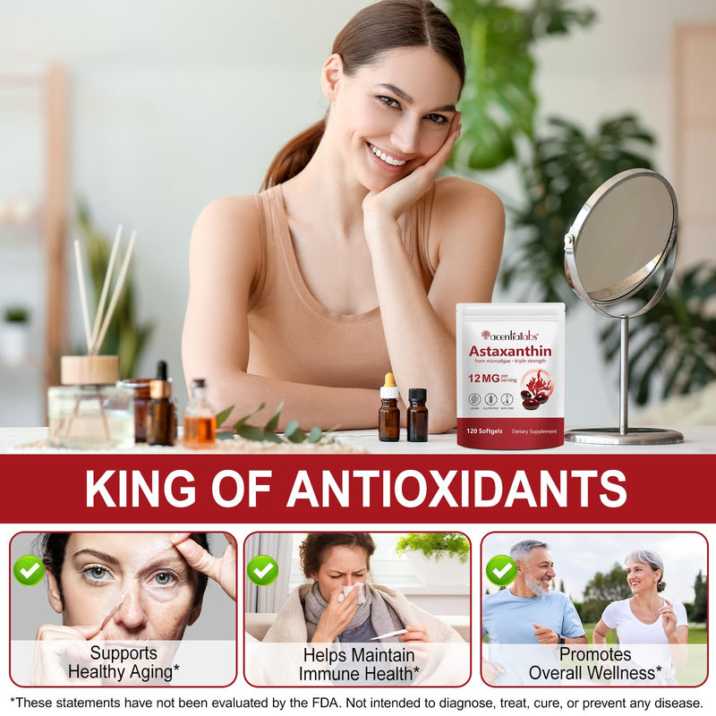 [Australia] - Premium Astaxanthin 12mg,120 Softgels | Natural Antioxidant Supplement for Eye, Joint, Skin Health,Microalgae Source | 4 Month Supply | Supports Internal Circulation & Natural Tanning,Non-GMO 