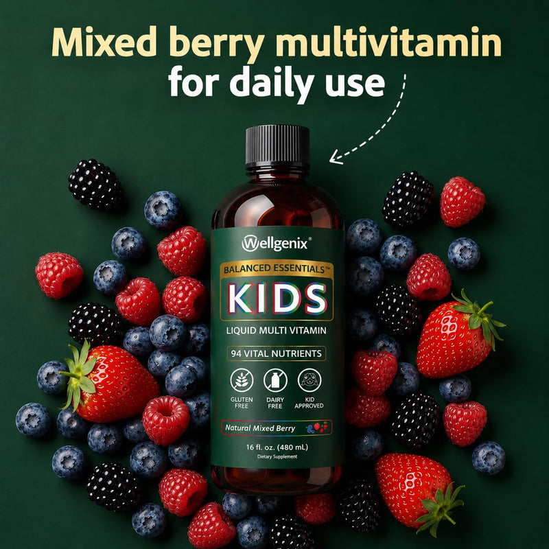 Wellgenix Balanced Essentials Kids Liquid Multivitamin, 16 Fl Oz | 94 vital nutrients, vitamins, minerals, and omega 3-6-9 in a mixed berry liquid picky eaters enjoy, no gummies or pills 1