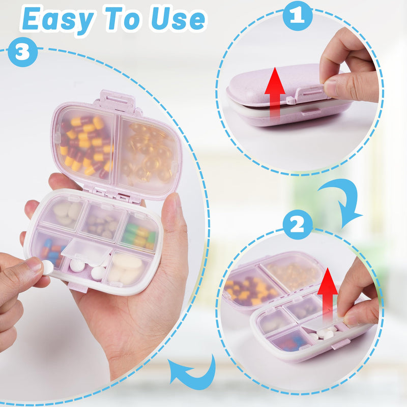 4 Pack Pill Organizer - Travel Pill Box with Label, Daily Pill Case | 8 Compartment Medicine Case for Pocket Purse Waterproof Portable Pill Supplement Case, Travel Pill Container to Hold Vitamin 4 Pcs 8-Compartment Purple Green Orange Beige