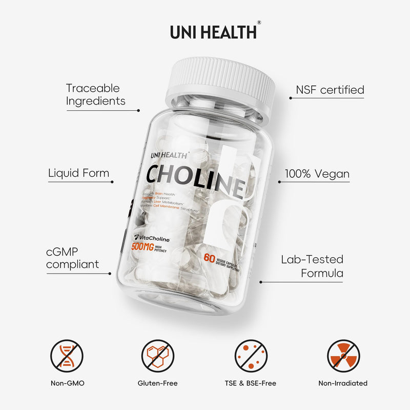 UniHealth® Choline 500 mg with VitaCholine®, 60-Day Supply, Liquid Vegan Capsules for Prenatal Choline Supplement, Brain Health, Cognitive Performance & Liver Support, Non-GMO, Gluten-Free, USA Made