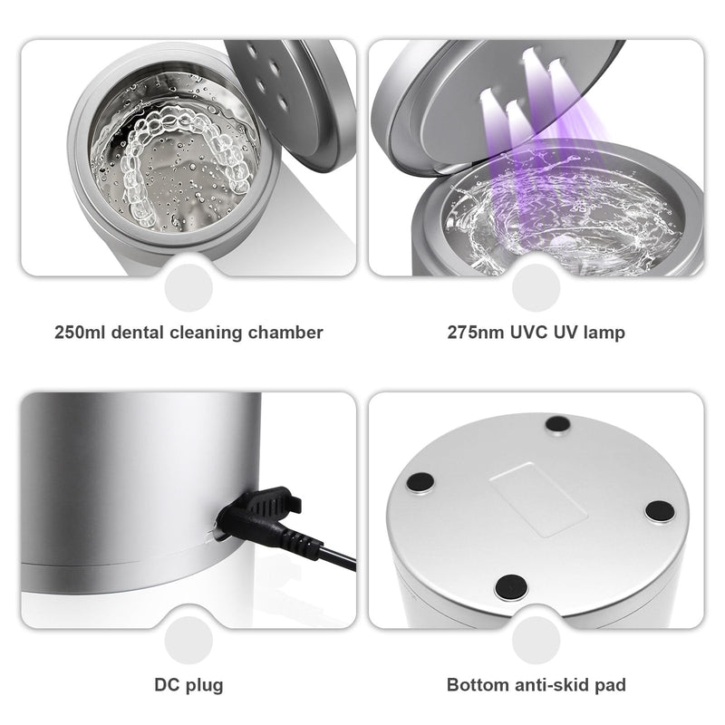 [Australia] - Ultrasonic Cleaner for Mouthguards, Retainers, Dentures Jewelry with UV Sanitizing, 45kHz 3-Cleaning-Mode Silver 
