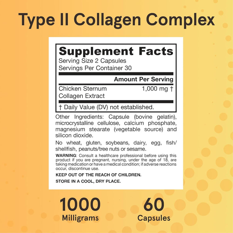 Type II Collagen Complex 1000 mg Supplements, Supports Skin and Joint Health, 60 Capsules, 30 Day Supply