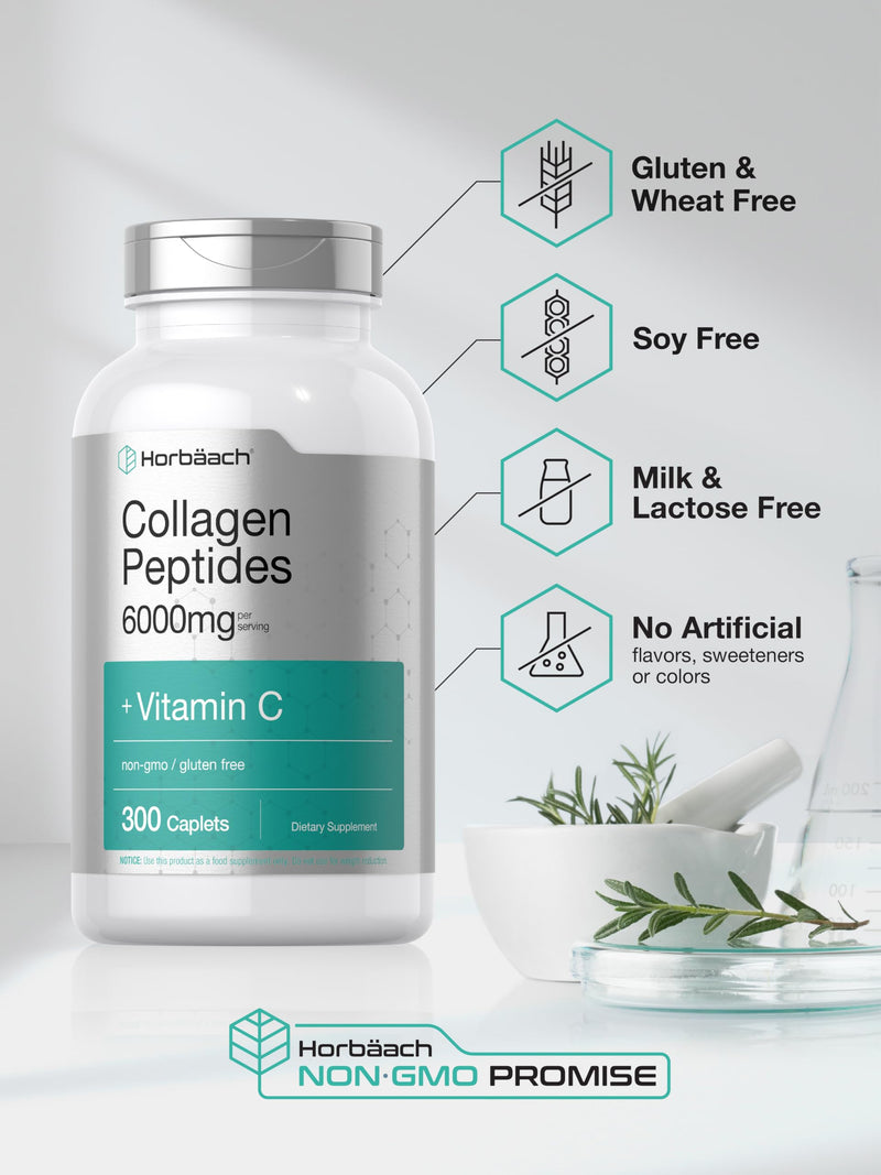 Horbäach Collagen Peptides 6000mg | 300 Caplet Pills | with Vitamin C | Hydrolyzed Collagen Supplement | Non-GMO, Gluten Free