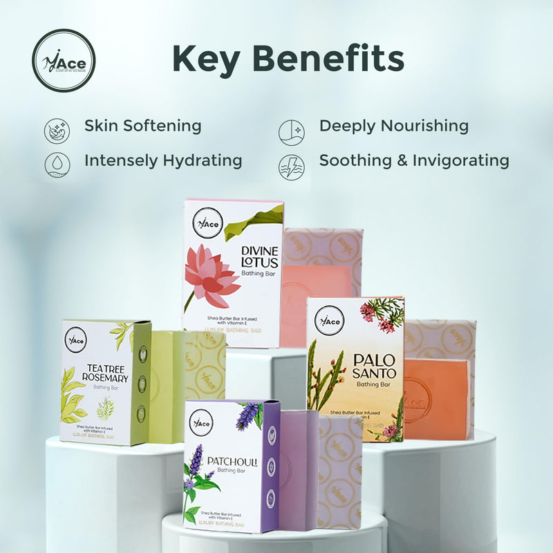 MY ACE Bathing Bar Soap Set of 4 - Tea Tree Rosemary, Patchouli, Divine Lotus & Palo Santo for Skin Cleansing, Moisturizing - SLES Free - Handmade with Shea Butter, Vitamin E for Face, Hair, Body Wash Tree Rosemary, Patchouli, Divine Lotus, Palo Santo