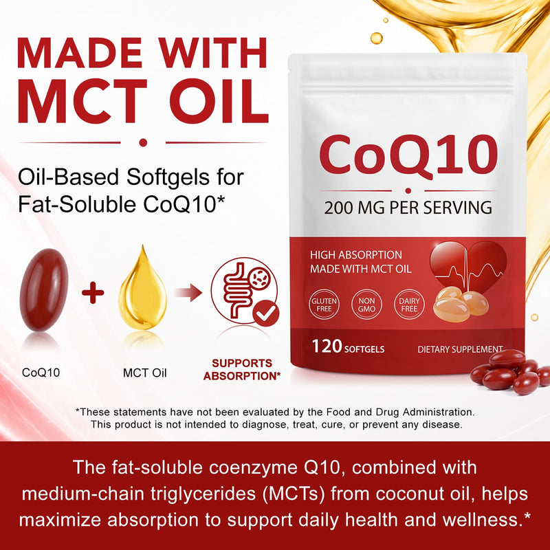 CoQ10 Supplement, 120 Softgels Coenzyme Q10 High Strength 200mg Fermented Coenzyme Q10 Ubiquinone 2-in-1 Formula Naturally Co Enzyme CQ10 with MCT Oil Non-GMO
