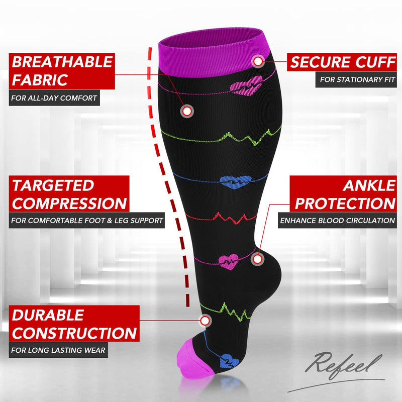 Refeel 3 Packs Plus Size Compression Socks Wide Calf For Women & Men - Large Size Knee High Support Stockings For Medical… 01- Black/Purple/Navy XX-Large