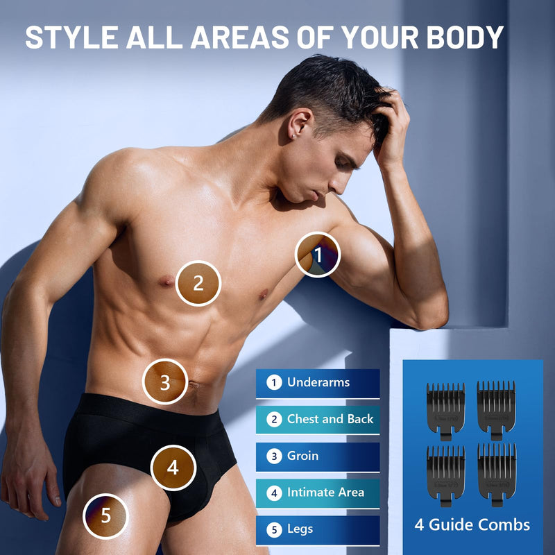 [Australia] - VINATO Electric Body Hair Trimmer - Manscape Ball Trimmer, Groin Hair Trimmer for Men, Waterproof Ball Shaver, USB Recharge Dock Replaceable Ceramic Blade, Male Hygiene Razor, 90 Mins Battery Life Blue 