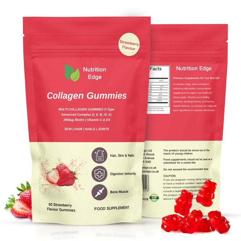Nutrition Edge Multi Collagen Gummies (Types I, II, III, IV, V) with Biotin, Vitamin C & D3 - Skin, Hair, Nails and Joint Support - 60 Gummies