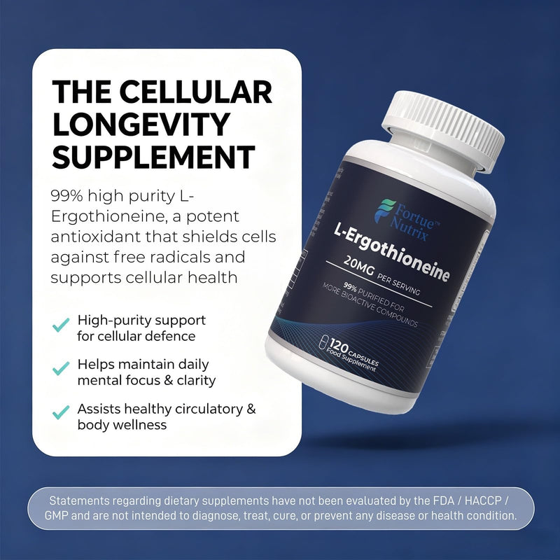 Longevity Supplement, L-Ergothioneine 20mg for Cellular Energy Support | 99% Purified Ergothioneine 120 Capsules, Alternative to Glutathione & CoQ10 for Antioxidant & Healthy Ageing, 4 Month Supply