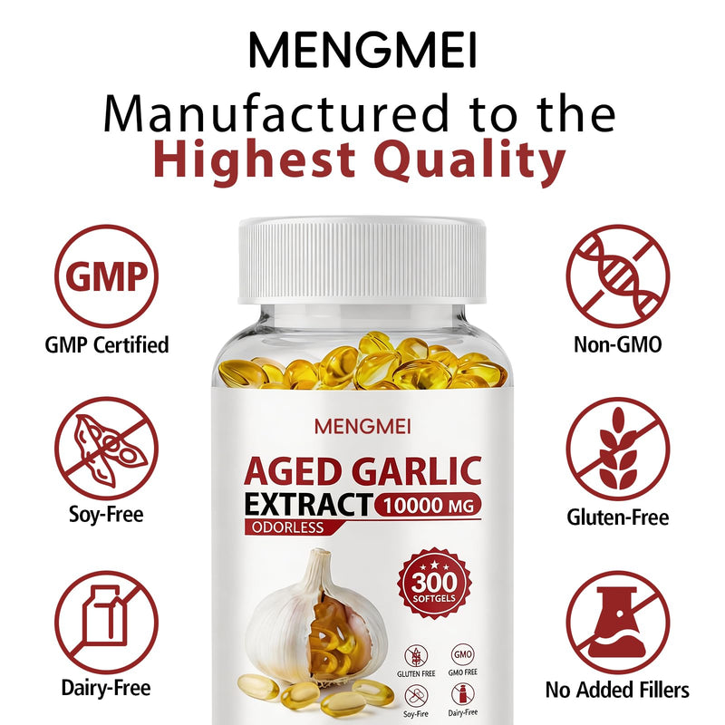 Aged Garlic Extract Odorless Softgels, 20:1 Concentrate, Daily Immune & Heart Health Support, 2 Year Aged Garlic Supplements for Men & Women, 300 Count 300 count (Pack of 1)