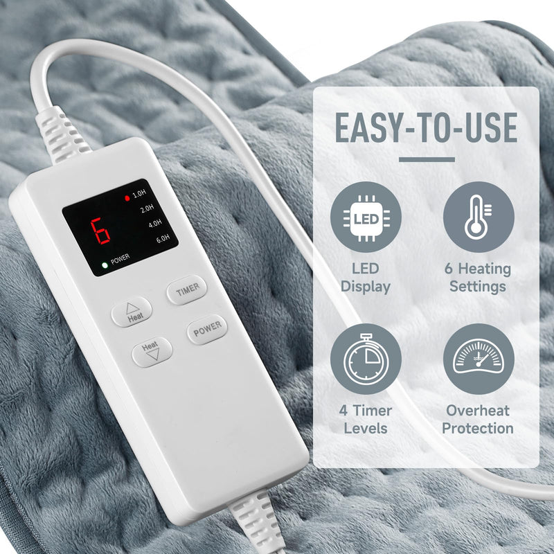 [Australia] - Heating Pad for Back Pain Relief & Cramps, KOT Heating Pads with Auto Shut Off Large, 6 Heat Settings Electric Heated Pad, Gifts for Women, Gifts for Men, 12" x 24" Gray-12x24 Inch 