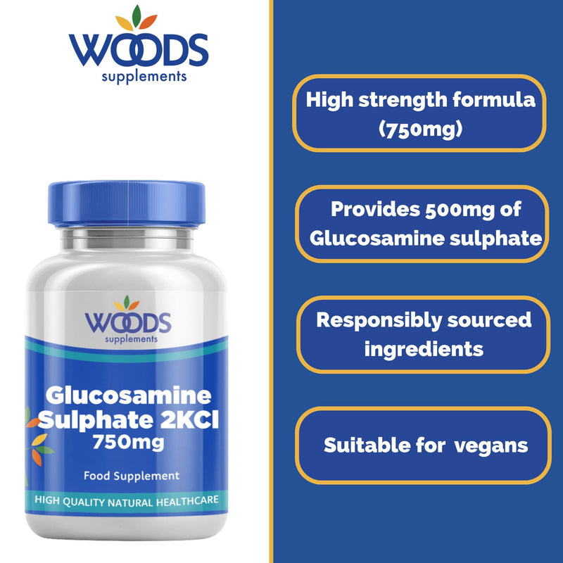 Woods Supplements - Vegan Glucosamine Sulphate 2KCl 750mg x90 Tablets. for Joint, Knee Support & Bone Health. Sodium Free Glucosamine Sulphate Tablets. Premium Joint Supplements for Women & Men 90