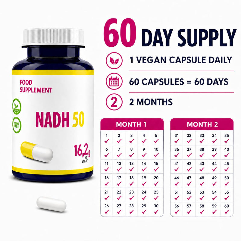 Hepatica NADH 50mg (Reduced Nicotinamide Adenine Dinucleotide) | High Strength | 60 Vegan Capsules | 2-Month Supply | 3rd Party Lab Tested