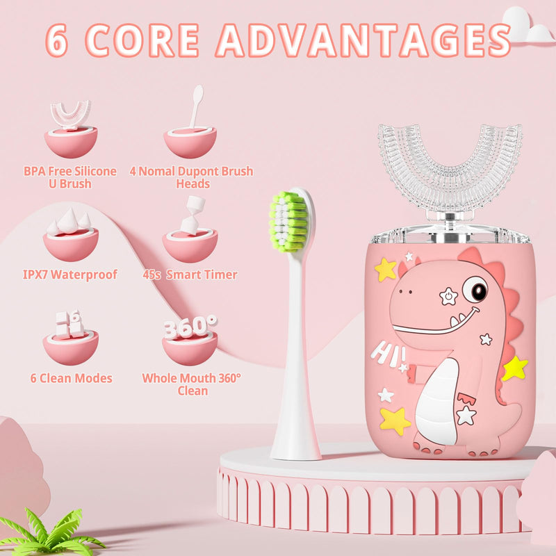 [Australia] - Kids U Shaped Electric Toothbrush, Toddler Toothbrush with 2 U-Shaped Brush Heads 2 Soft Replacements with Toothpaste Automatic Toothbrush Rechargeable,6 Cleaning Modes - Age2-7 Pink A3 Age 2-7 Pink 