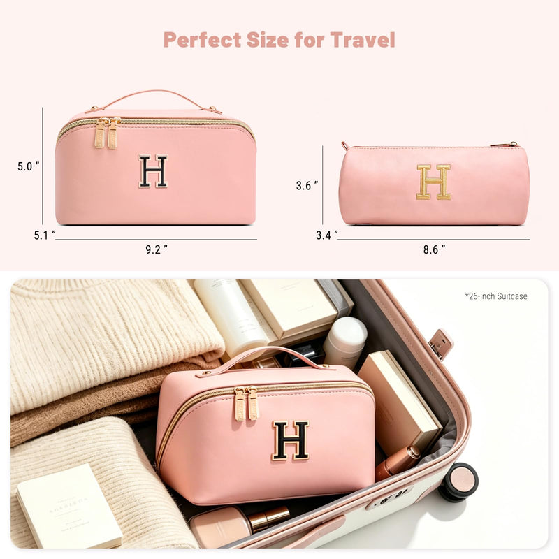 BOYATU Personalized Travel Makeup Bag: 3-in-1 Cosmetic Bag Gift for Women | Initial Make up Bag Organizer - Custom Letters A-Z - Flat Open Portable Toiletry Bag for Birthday Graduation Anniversary Pink H