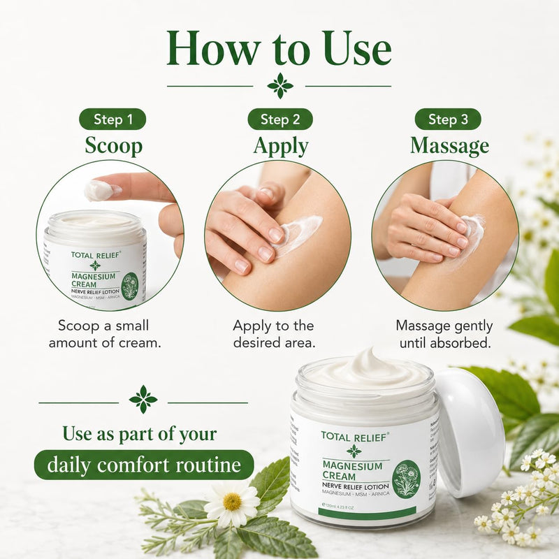 TOTAL RELIEF Magnesium Cream - Extra Strength Lavender Magnesium Lotion for Foot, Hands, Legs, Toes Includes Arnica, Vitamin B6, Aloe Vera, MSM