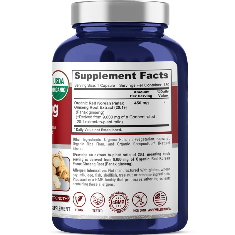 [Australia] - NusaPure Red Korean Panax Ginseng 20:1 Extract, 450 mg Equivalent to 9,000 mg 180 Veggie Caps (USDA Organic, Non-GMO, Vegan, Vegetarian, Bioperine) 180 Count (Pack of 1) 