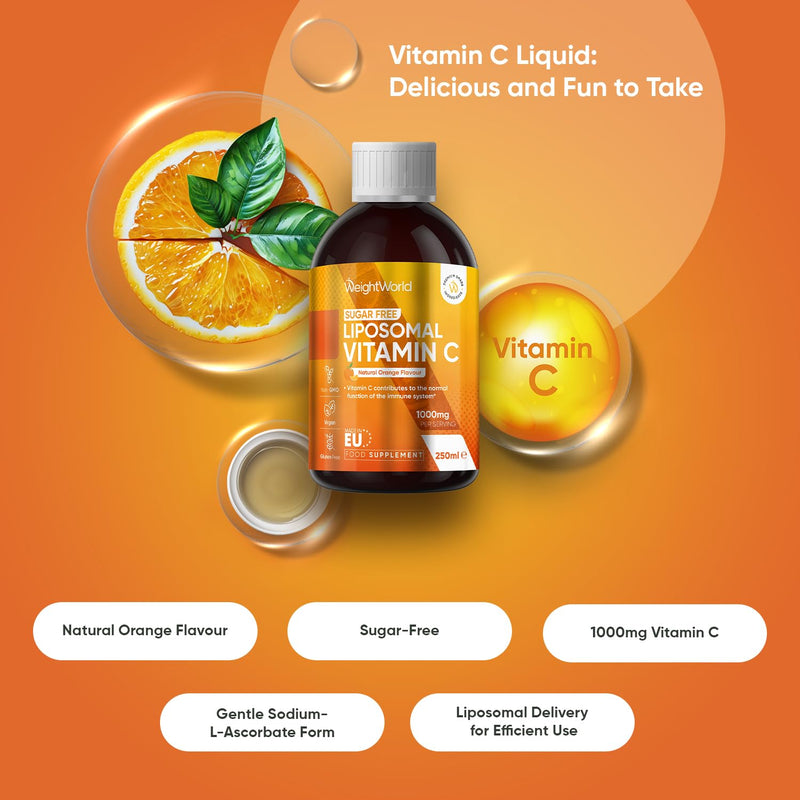 Liposomal Vitamin C Liquid - 250ml - Natural Orange Flavour - Sugar-Free & Gluten-Free - 1000mg per Serving - Easy-to-Absorb Sodium-L-Ascorbate Form - Non-GMO & Vegan-Friendly VIT C Supplements