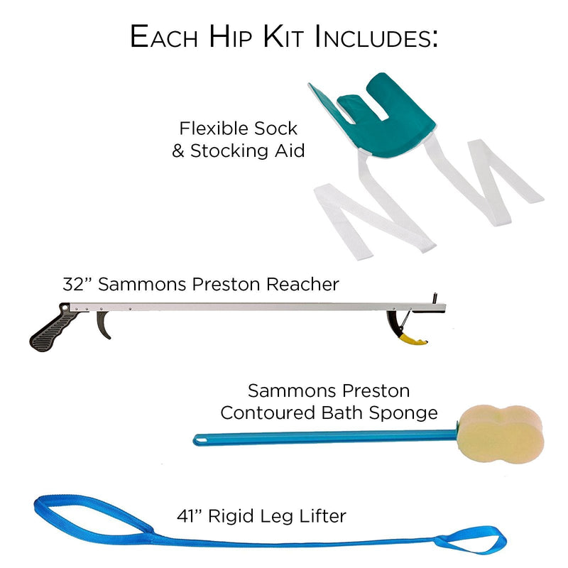 [Australia] - Sammons Preston Hip Kit 9, Four Essential Assisted Daily Living Aids for Limited Mobility, Includes 32" Reacher Claw, Flexible Sock Aid, Rigid Leg Lifter, and Contoured Bath Sponge with Long Handle 