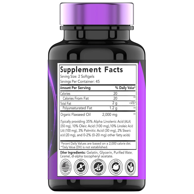 [Australia] - Organic Flaxseed Oil Softgels: 2000 mg x 90 Softgels | High in Omega-3 Fatty Acids | Flaxseed Oil Supplement for Women & Men | Non-GMO 