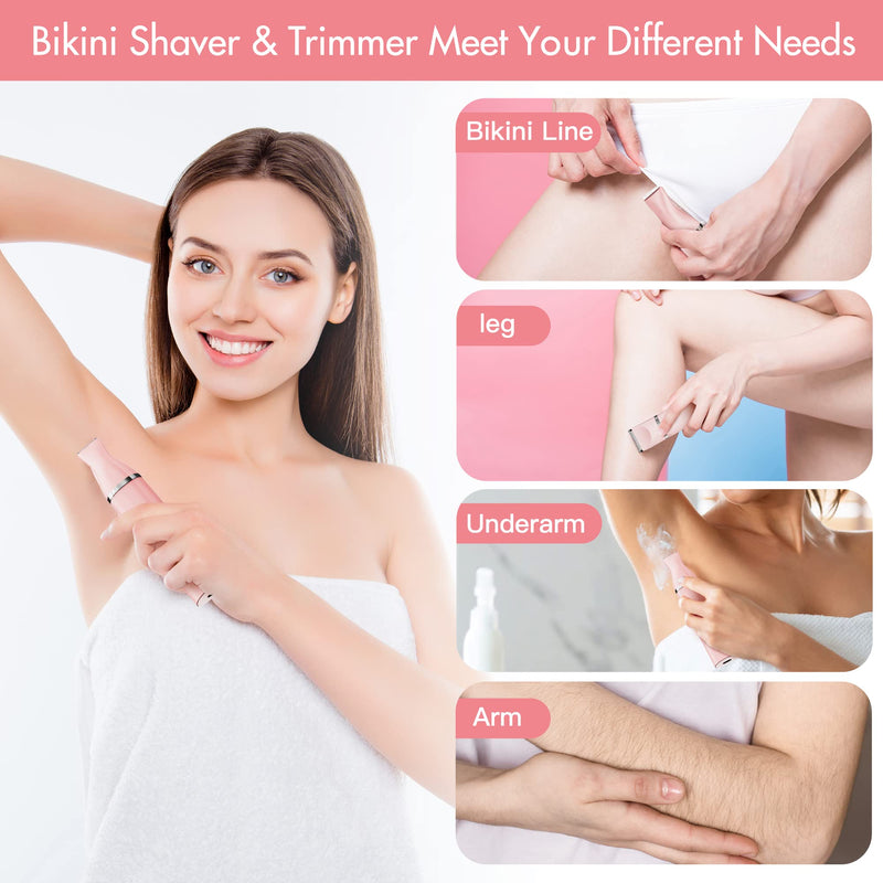 Electric Bikini Trimmer for Women - 2 in 1 Electric Lady Pubic Hair Groomer Painless Hair Removal Razor Body Shaver, Portable Ladies Shaver with 2 Trimmer Heads, IPX7 Waterproof Pink-2