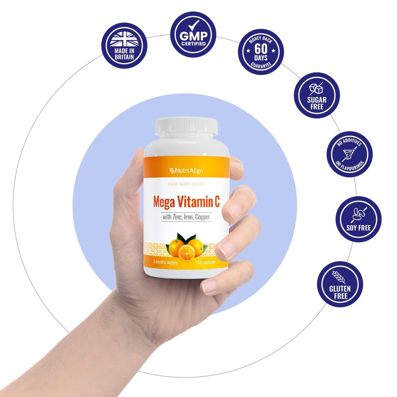 Nutri-Align Mega Vitamin C | 120 High Strength Vitamin C Capsules 1000mg VIT C per Serving - VIT C and Zinc, Iron & Copper Supplement | Gluten & Sugar Free | Made in the UK 120 count (Pack of 1)