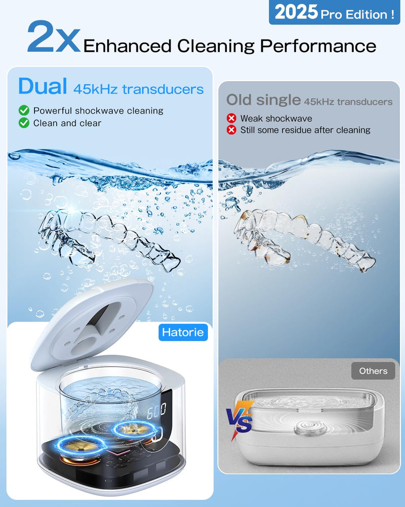 [Australia] - 2025 Enhanced Ultrasonic Retainer Cleaner, 2X Efficiency, 45kHz Dentures Cleaner Machine with UV Lights&4 Clean Modes, Dental Cleaning Pod for Aligner, Nightguard, Mouth Guards, Jewelry, Rings, etc 