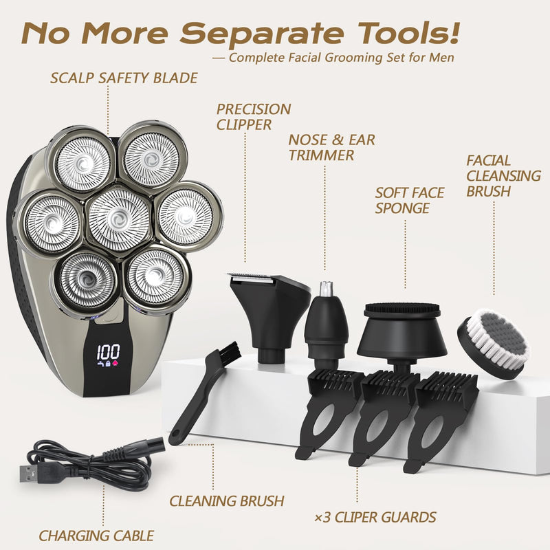 [Australia] - 7D Head Shavers for Bald Men, Water Proof Electric Razor for Men with LED Display, Detachable Wet/Dry Anti-Pinch Head Shavers, Shaving Grooming Kit for Balder, Perfect for Home & Travel 
