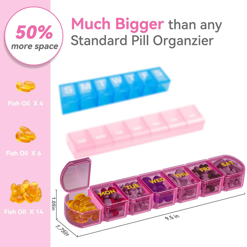 Large Pill Organizer Weekly - 7 Day Compartments with Easy-Open Design | SHIJOINYU XL Pill Box with High-Capacity, Daily Medicine Pill Organizer for Vitamins, Supplements, Fish Oils Pink