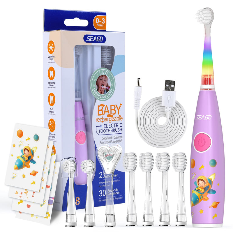 SEAGO Kids Electric Toothbrush Rechargeable with Smart Timer, LED Observing Light & DIY Stickers for Toddlers Ages 2-4, Soft Bristles for Oral Care, USB Charging (Pink) Pink