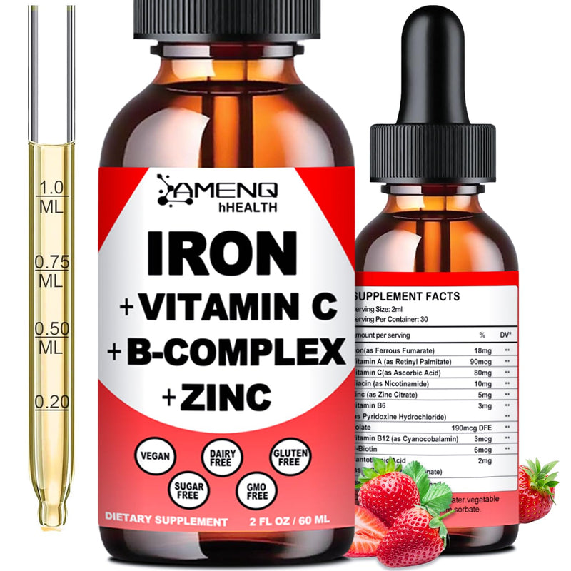 Liquid Iron Supplement for Women, Boost Iron Levels, Stomach Friendly Iron | High Absorption Liquid Iron Drops for Red Blood Cells & Immune Support, Slow Release Liquid formula w/Vitamin C, A, B-Complex Strawberry 2 Fl Oz (Pack of 1)