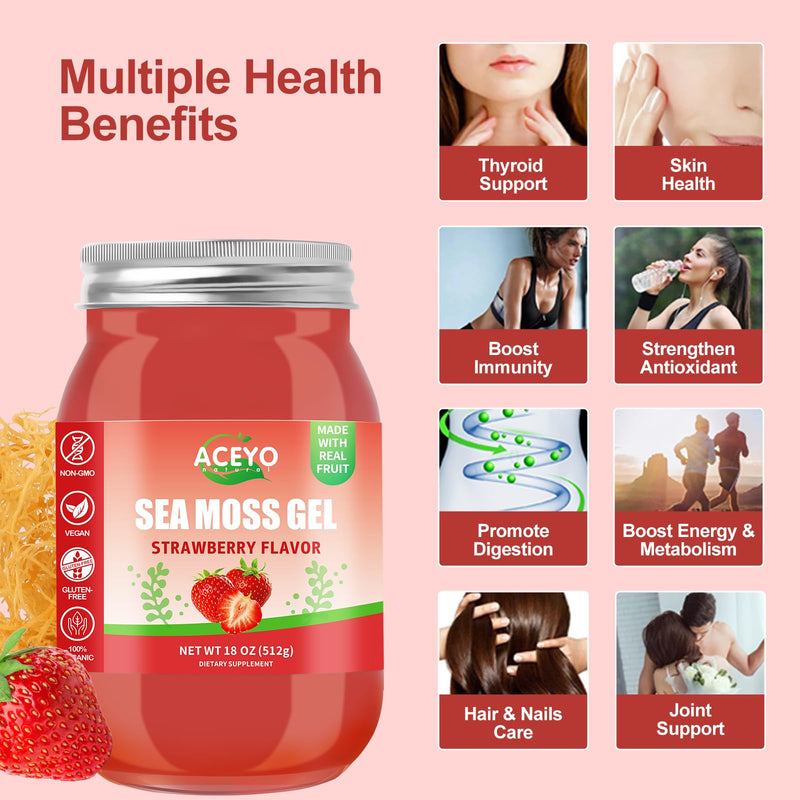 (18 OZ) Sea Moss Gel Irish,Raw Seamoss 102 Vitamins Strawberry Flavor | Wild Harvested,Support Immune,Non-GMO,Gluten-Free,Vegan 1.13 Pound (Pack of 1)