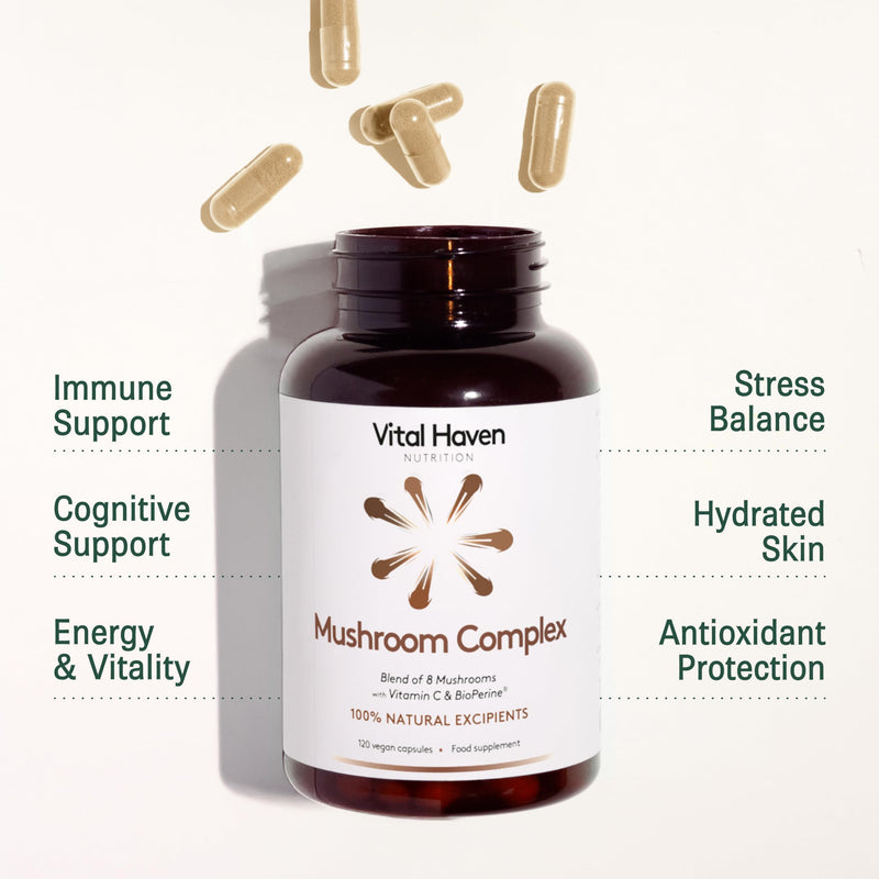 Mushroom Supplement - Lions Mane, Reishi, Cordyceps, Shiitake, Maitake, Chaga, Agaricus Blazei, Tremella with VIT C - UK Made