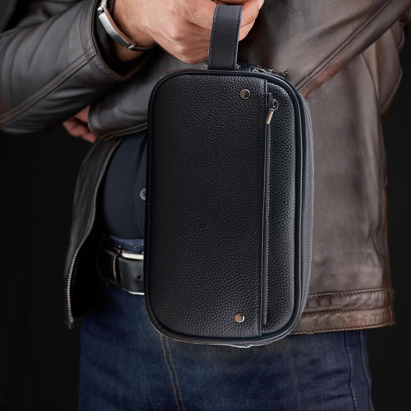Toiletry Bag Anti Theft Lock PU Leather Clutch Bag for Travel | Ideal Gift Choice, Compact Carry Size, Holds Daily Essentials, Wrist Strap, Front Zipper Pocket, Reinforced Metal Hardware Black with Lock