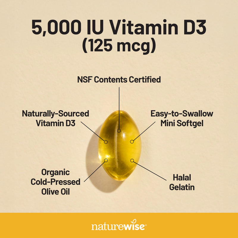 NatureWise Vitamin D3 5000IU Supplement, Bone & Immune Health, 30 Softgels