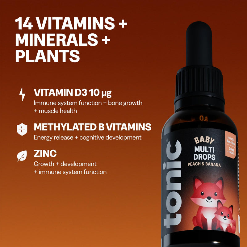 Tonic Health Baby Multivitamin Drops - 14 Baby Vitamins A, C, D, Minerals, and Plants - No Sugar/Preservatives - Kids Vitamins 6 to 36 mos for Growth and Development, Peach and Banana 30ml (Pack of 1) 30 ml (Pack of 1)