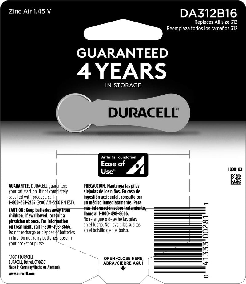 Duracell Hearing Aid Batteries Brown Size 312, 16 Count Pack, 312A Size Hearing Aid Battery with Long-lasting Power, Extra-Long EasyTab Install for Hearing Aid Devices 16 Count (Pack of 1) 312 (Brown) - 16 Count