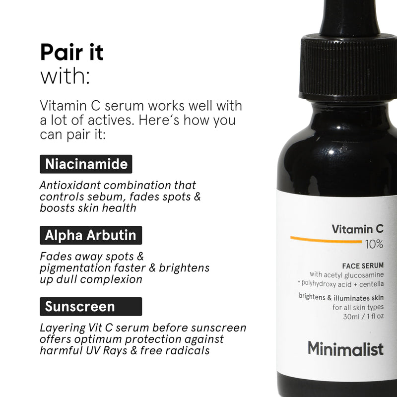 Minimalist 10% Advanced Vitamin C Serum for Glowing Skin | Brightening & Visible Reduces Dark Spots | For Uneven Skin Tone, Dullness | Daily Face Serum (Stable Vitamin C) | 30ml/1 FL Oz
