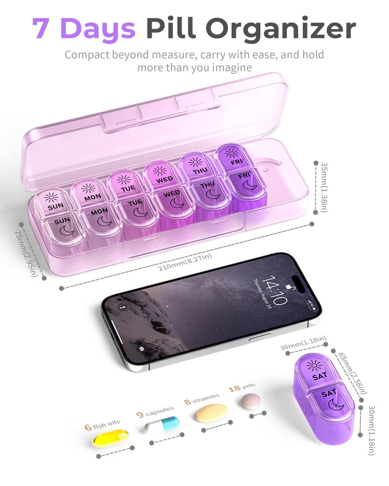 Pillex Pill Organizer, Am & Pm Pill Organizer 7 Days, Weekly Pill Case 2 Times a Day, Cute Pill Box 7 Day, Medicine Organizer for Travel, Vitamins, Fish Oils, Supplements (Gradient Pink-Purple) Gradient Pink-purple