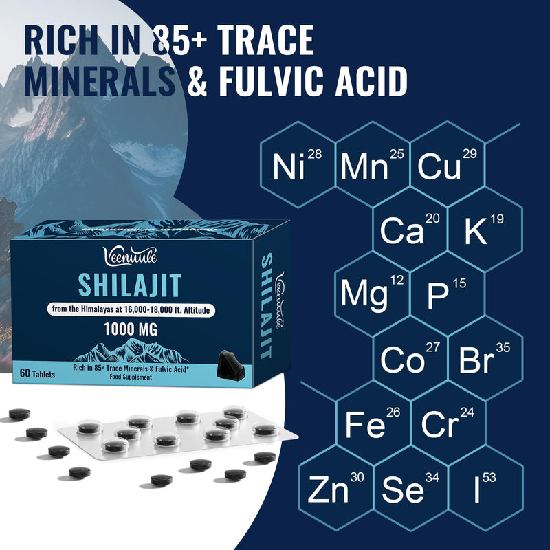 Shilajit Tablets 30,000 mg, 100% Pure Himalayan Shilajit (1000 mg Per Serving), Rich in Fulvic Acid & 85+ Trace Minerals, Shilajit Resin Supplement for Energy & Immune Health (60 Count (Pack of 1)) 60 count (Pack of 1)
