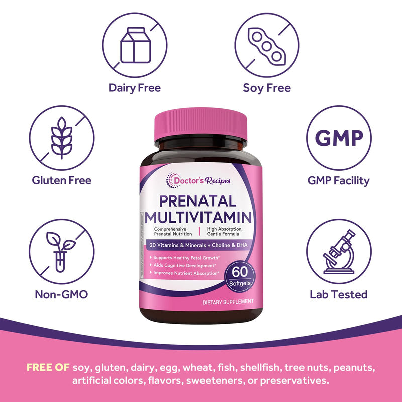 Doctor's Recipes Prenatal Multivitamin with DHA & Folate (L-5-MTHF) for Expecting & Planning Moms, Gentle Comprehensive Nutrient Support, 60 Softgels