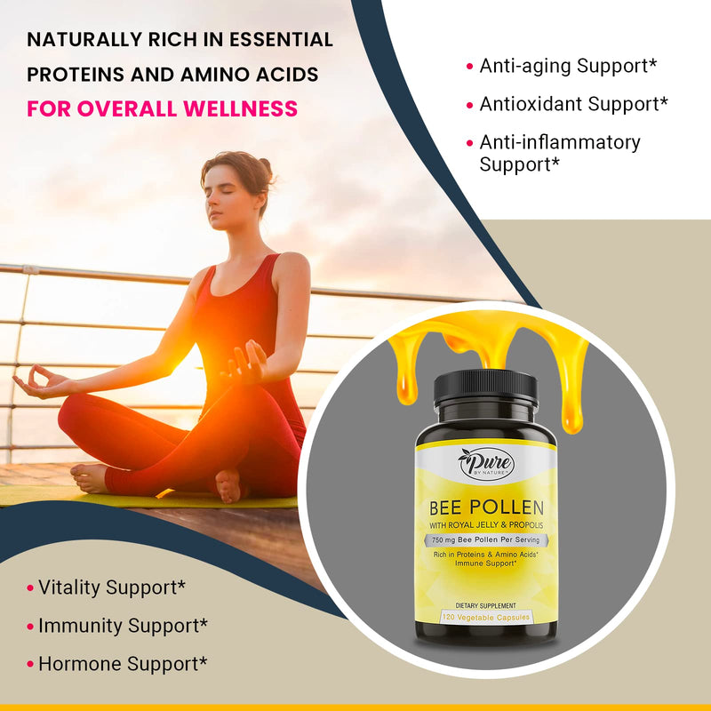 [Australia] - Pure By Nature Bee Pollen Supplement with Propolis & Royal Jelly for Immune Support, Antioxidant Properties, 120 Non-GMO Vegetarian Capsules 