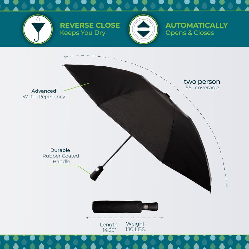 Totes Reverse Close Folding Inbrella with Auto Open Close and Compact Black 43" Canopy