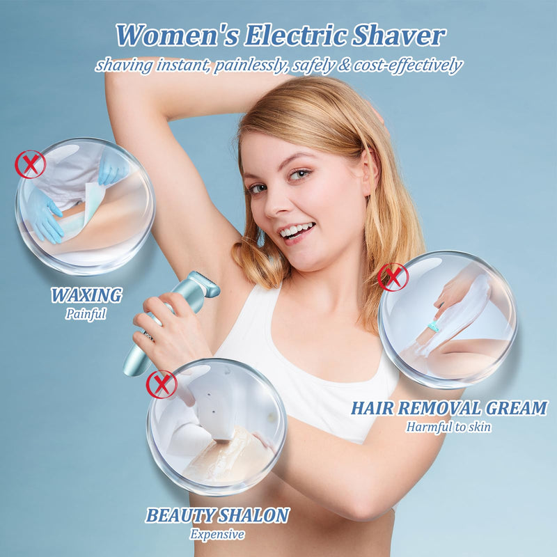 [Australia] - Electric Razors for Women, Bikini Trimmer Wet & Dry Use, Painless Pubic Hair Trimmer, Rechargeable Electric Shaver for Legs, Face, Pubic Hair, Underarms with Detachable Head, Blue 