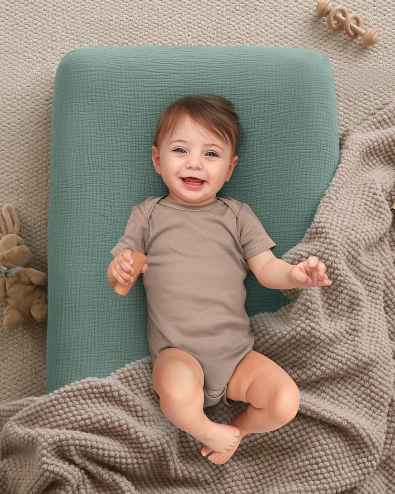 [Australia] - Blissful Diary Muslin Changing Pad Cover for Girls Boys, Ultra Soft Breathable Cotton, Baby Diaper Change Table Pad Covers, 2Pack (Roman Green&Leaf) Roman Green & Leaf 