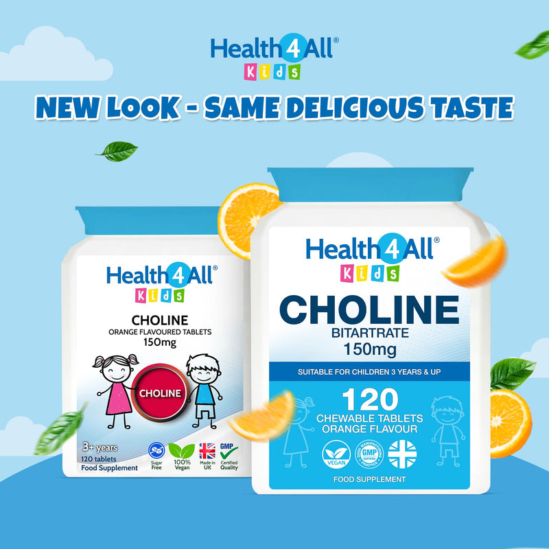 Health4All Kids Choline 150mg 120 Chewable Tablets for Children 3+, Supports Memory, Learning and Mood, Natural Vegan Orange Flavour, Sugar-Free | Made in UK (Not Gummies) 120 count (Pack of 1)