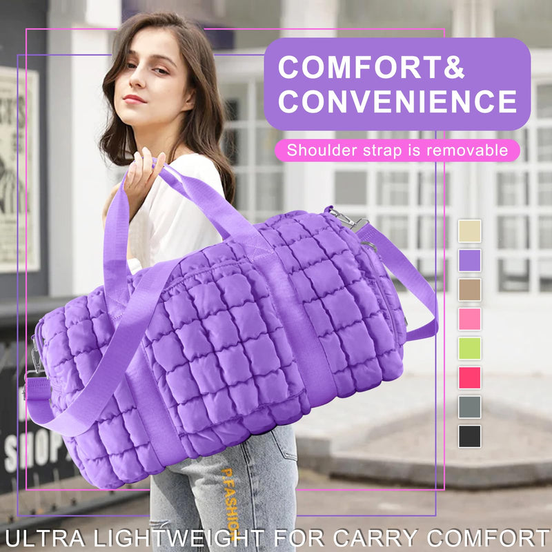 Quilted Travel Duffle Bag Gym Bag for Women,Large Puffer Duffle Weekender Bag with Compartment,Workout Overnight Carry on Organizer Bag Duffle Bag for Airplane Travel(Purple) Purple Medium