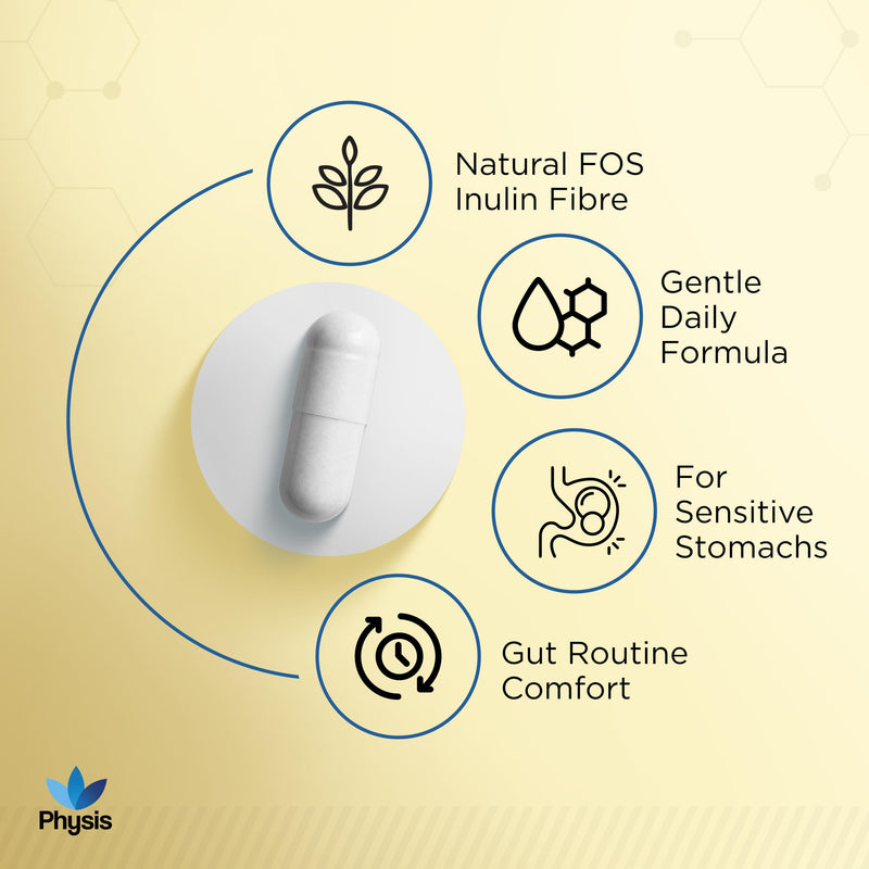 Physis Prebiotic Fibre with Probiotics | Senstivite Stomach Support | Chicory Root Fibre Supplement | Gut Health, Stool & Digestion | 120 Vegan Capsules | 4 Month Supply | Lactobacillus Acidophilus